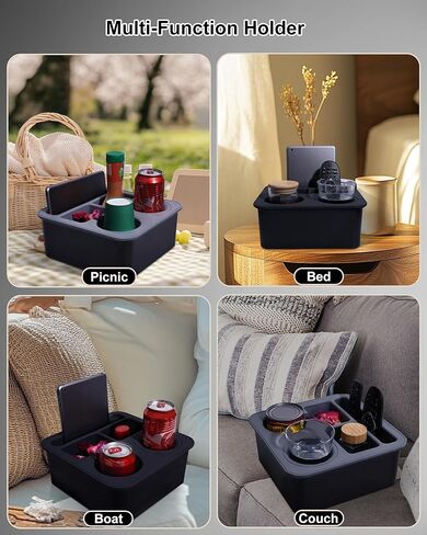 Couch Cup Holder Tray, Bonfixe Elastic Clip Stable Back Seat Cup Holder for Cars, 4 Anti-Slip Pads & Food-Grade Silicone Car Caddy Organizer for Bed, Truck, Home, Office, Boat (Black) in Saudi Arabia