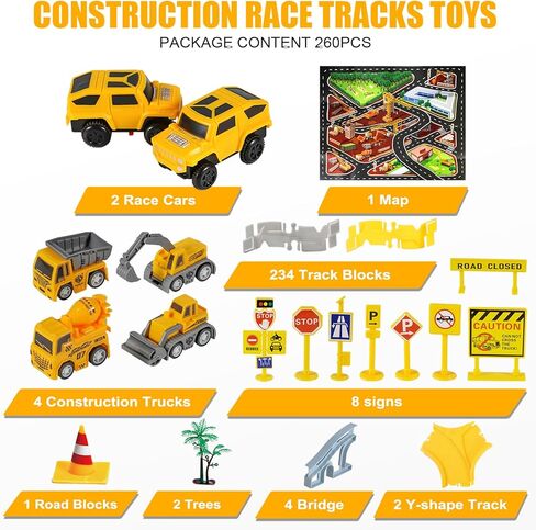 260 PCS Construction Race Tracks for Kids Toys, 2 Electric Cars, 4 Construction Cars, 1 Map & Flexible DIY Track Set, Engineering Toys for 3 4 5 6 Year Old Boys Girls in Kuwait