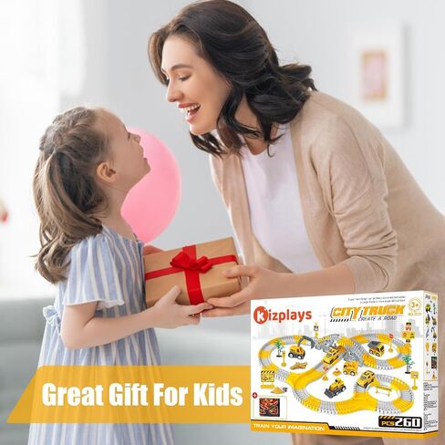 260 PCS Construction Race Tracks for Kids Toys, 2 Electric Cars, 4 Construction Cars, 1 Map & Flexible DIY Track Set, Engineering Toys for 3 4 5 6 Year Old Boys Girls in Kuwait