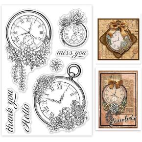 1 Sheet PVC Plastic Stamps, Clock Pattern Silicone Stamp, Reusable Thank You Words Flower Clear Stamp for DIY Scrapbooking Photo Album Decorative Cards Making, 6.3x4.33x0.12inch in Kuwait