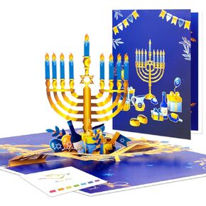 بطاقة تهنئة منبثقة ثلاثية الأبعاد لعيد هانوكا - مهرجان الأضواء مع الشموع والدريدل ورموز هانوكا التقليدية - بطاقة عطلة يهودية للعائلة والأصدقاء والأحباء، تتضمن مظروفًا وملاحظة فارغة in Kuwait