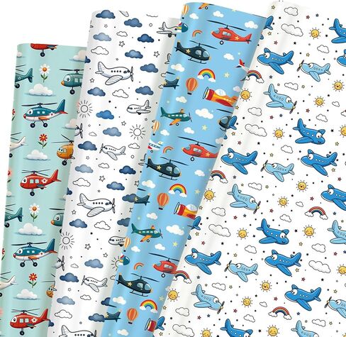 Liobelon Airplane Wrapping Paper - 12 Sheets Cute Aeroplane Helicopter Designs Gift Wrap for Boys Birthday, Baby Shower, 19.7 x 27.6 Inches in Saudi Arabia