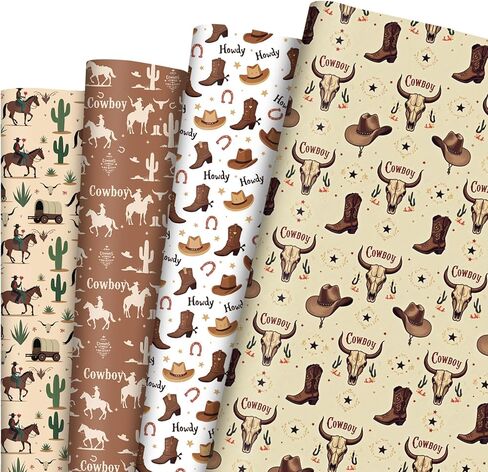 Pineraap 12 Sheet Cowboy-Themed Wrapping Paper - Cowgirls, Horses & Cacti Gift Wrap for Western Events Birthdays & Special Occasions, 19.7 x 27.5 Inches (Cowboy) in Kuwait