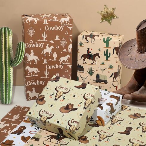 Pineraap 12 Sheet Cowboy-Themed Wrapping Paper - Cowgirls, Horses & Cacti Gift Wrap for Western Events Birthdays & Special Occasions, 19.7 x 27.5 Inches (Cowboy) in Kuwait