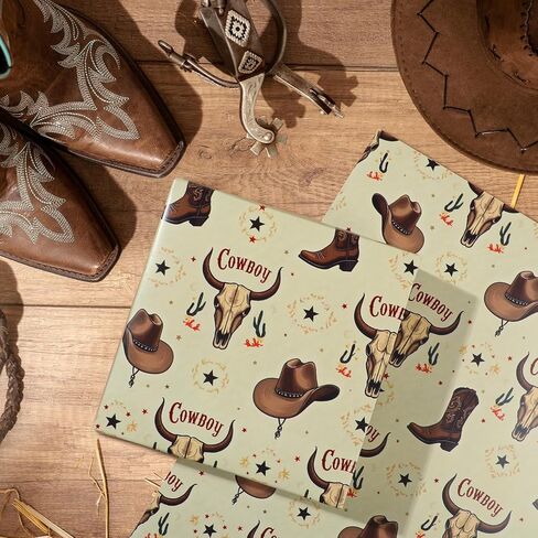 Pineraap 12 Sheet Cowboy-Themed Wrapping Paper - Cowgirls, Horses & Cacti Gift Wrap for Western Events Birthdays & Special Occasions, 19.7 x 27.5 Inches (Cowboy) in Kuwait