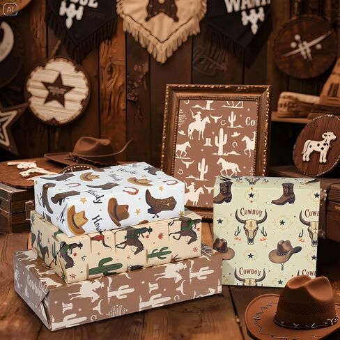 Pineraap 12 Sheet Cowboy-Themed Wrapping Paper - Cowgirls, Horses & Cacti Gift Wrap for Western Events Birthdays & Special Occasions, 19.7 x 27.5 Inches (Cowboy) in Kuwait