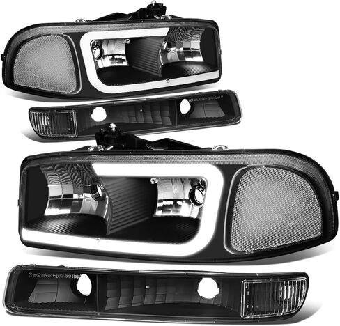 مجموعة المصابيح الأمامية LED DRL من Auto Dynasty متوافقة مع 1999-2007 GMC Sierra 1500-3500 Yukon XL، 4 قطع استبدال المصابيح الأمامية مع مصابيح ممتصة للصدمات، نمط C LED Switchback DRL، غطاء كروم زاوية واضحة in Saudi Arabia