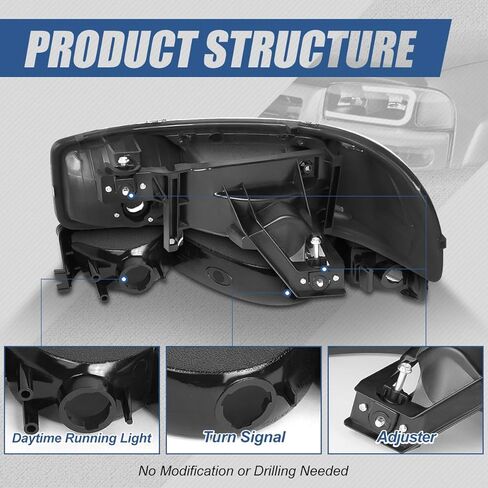 مجموعة المصابيح الأمامية LED DRL من Auto Dynasty متوافقة مع 1999-2007 GMC Sierra 1500-3500 Yukon XL، 4 قطع استبدال المصابيح الأمامية مع مصابيح ممتصة للصدمات، نمط C LED Switchback DRL، غطاء كروم زاوية واضحة in Saudi Arabia