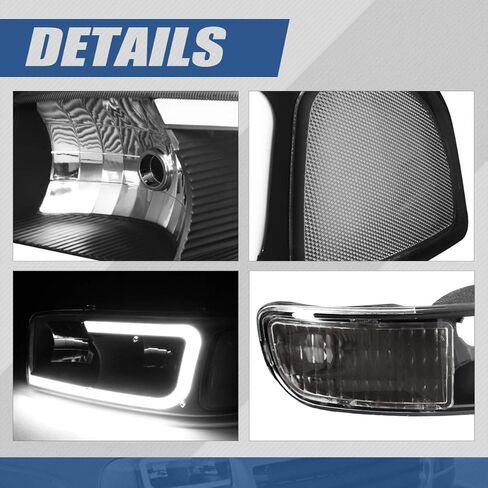 مجموعة المصابيح الأمامية LED DRL من Auto Dynasty متوافقة مع 1999-2007 GMC Sierra 1500-3500 Yukon XL، 4 قطع استبدال المصابيح الأمامية مع مصابيح ممتصة للصدمات، نمط C LED Switchback DRL، غطاء كروم زاوية واضحة in Saudi Arabia