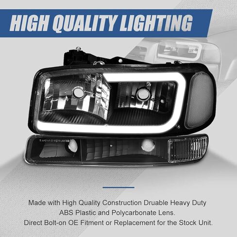 مجموعة المصابيح الأمامية LED DRL من Auto Dynasty متوافقة مع 1999-2007 GMC Sierra 1500-3500 Yukon XL، 4 قطع استبدال المصابيح الأمامية مع مصابيح ممتصة للصدمات، نمط C LED Switchback DRL، غطاء كروم زاوية واضحة in Saudi Arabia