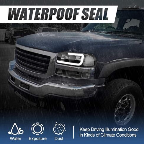 مجموعة المصابيح الأمامية LED DRL من Auto Dynasty متوافقة مع 1999-2007 GMC Sierra 1500-3500 Yukon XL، 4 قطع استبدال المصابيح الأمامية مع مصابيح ممتصة للصدمات، نمط C LED Switchback DRL، غطاء كروم زاوية واضحة in Saudi Arabia