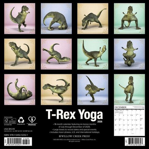 Willow Creek Press، تقويم حائط TRex Yoga 2026، 12 بوصة × 12 بوصة، تقويم 18 شهرًا مع رباط مُدبس in Kuwait