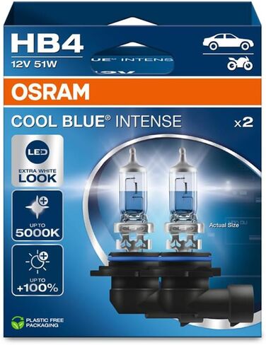 OSRAM COOL BLUE® INTENSE HB3، +100% سطوع أكثر، حتى 5000 كلفن، مصباح هالوجين أمامي، شكل LED، صندوق معلق قابل للطي (مصباحان) in Saudi Arabia