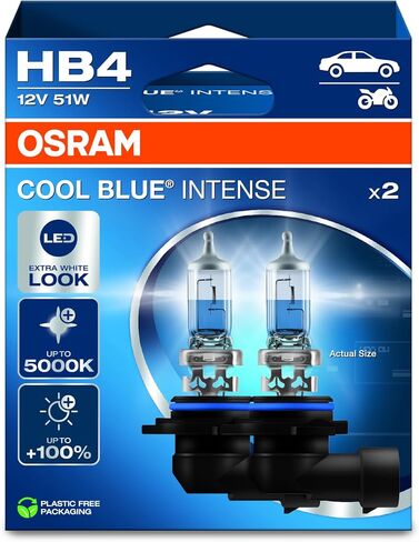 OSRAM COOL BLUE® INTENSE HB3، +100% سطوع أكثر، حتى 5000 كلفن، مصباح هالوجين أمامي، شكل LED، صندوق معلق قابل للطي (مصباحان) in Saudi Arabia