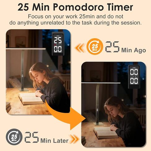 LED Desk Lamp for Office Home: Desk Light with Classic 25 Min Pomodoro Timer, Clock LCD Display - 5 Color Stepless Dimming Adjustable Flexible Gooseneck, Lighting Table Lamp for Reading Study Drafting in Saudi Arabia