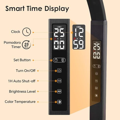 LED Desk Lamp for Office Home: Desk Light with Classic 25 Min Pomodoro Timer, Clock LCD Display - 5 Color Stepless Dimming Adjustable Flexible Gooseneck, Lighting Table Lamp for Reading Study Drafting in Saudi Arabia