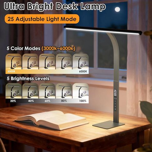 LED Desk Lamp for Office Home: Desk Light with Classic 25 Min Pomodoro Timer, Clock LCD Display - 5 Color Stepless Dimming Adjustable Flexible Gooseneck, Lighting Table Lamp for Reading Study Drafting in Saudi Arabia