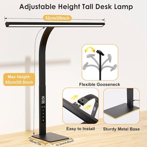 LED Desk Lamp for Office Home: Desk Light with Classic 25 Min Pomodoro Timer, Clock LCD Display - 5 Color Stepless Dimming Adjustable Flexible Gooseneck, Lighting Table Lamp for Reading Study Drafting in Saudi Arabia