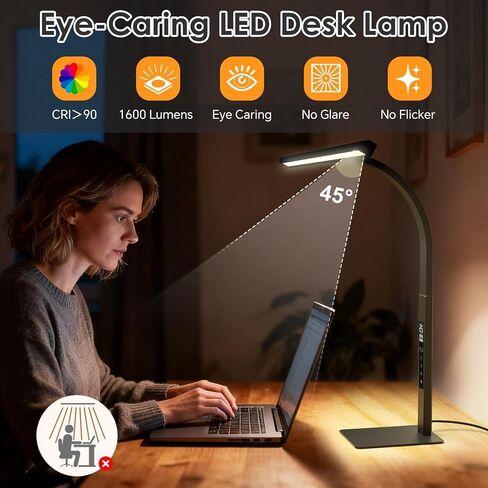 LED Desk Lamp for Office Home: Desk Light with Classic 25 Min Pomodoro Timer, Clock LCD Display - 5 Color Stepless Dimming Adjustable Flexible Gooseneck, Lighting Table Lamp for Reading Study Drafting in Saudi Arabia