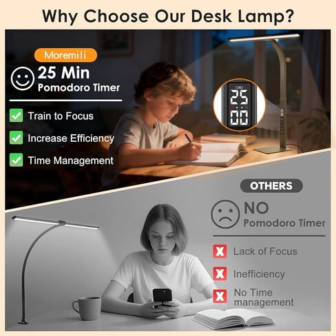 LED Desk Lamp for Office Home: Desk Light with Classic 25 Min Pomodoro Timer, Clock LCD Display - 5 Color Stepless Dimming Adjustable Flexible Gooseneck, Lighting Table Lamp for Reading Study Drafting in Saudi Arabia