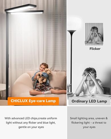 CHICLUX 80'' LED Floor Lamp, 120W Modern Free-Standing Lamp with 2 Adjustable Lamp Heads, Dimmable Eye Caring Floor Lamp for Living Room, Bedroom, Study Room, Office, 4000K Natural Daylight, Black in Saudi Arabia