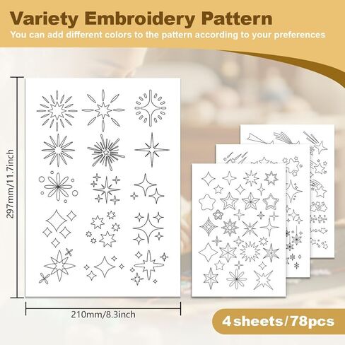 78Pcs Stars Water Soluble Hand Sewing Stabilizers, 8.3"x11.7" Shooting Stars Embroidery Pattern Stabilizer, 4 Sheets Stick and Stitch Embroidery Paper Sticker in Saudi Arabia