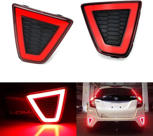 مصابيح عاكسة LED ذات عدسة حمراء من iJDMTOY متوافقة مع عدسات Honda FIT Pre-LCI 2015-2017، JDM Fluid Style، تعمل كمصابيح ضباب خلفية/أضواء تشغيل وأضواء فرامل in Saudi Arabia