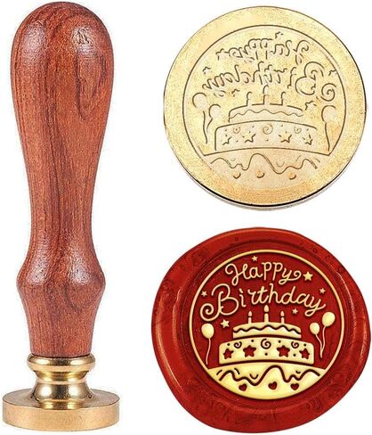 1pc Happy Birthday Wax Sealing Stamp Cake Star Vintage Wax Seal Stamp Gift for Christmas 25mm Removable Brass Head Stamp with Wooden Handle for Envelope Invitation Card Gift Decoration in Saudi Arabia