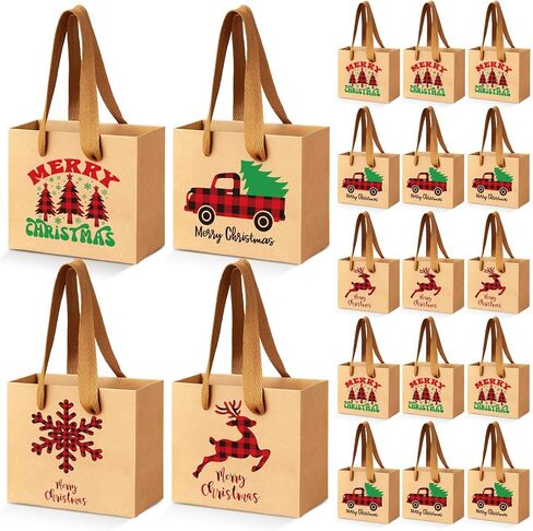 Tenceur 48 Pcs Mini Christmas Kraft Gift Bags with Handle Small Xmas Paper Treat Bags with Snowflake Xmas Tree Plaid Reindeer Car Patterns for Merry Christmas Holiday Party Favor Supplies in Saudi Arabia
