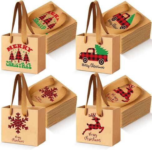 Tenceur 48 Pcs Mini Christmas Kraft Gift Bags with Handle Small Xmas Paper Treat Bags with Snowflake Xmas Tree Plaid Reindeer Car Patterns for Merry Christmas Holiday Party Favor Supplies in Saudi Arabia
