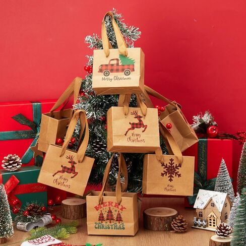 Tenceur 48 Pcs Mini Christmas Kraft Gift Bags with Handle Small Xmas Paper Treat Bags with Snowflake Xmas Tree Plaid Reindeer Car Patterns for Merry Christmas Holiday Party Favor Supplies in Saudi Arabia