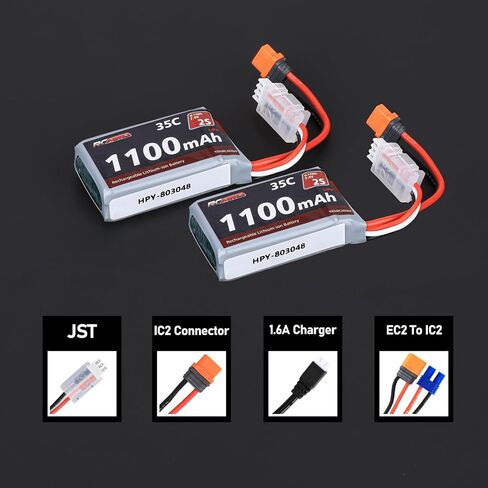 بطارية ليبو RCAWD 7.4 فولت 2S 35C 1100 مللي أمبير في الساعة مع قابس JST EC2 أنثى إلى IC2 ذكر وشاحن 3S 7.4V 1.3A لسلسلة 1/12 Losi Mini LMT Axial UTB18 جزء ترقيات قطعتين in Saudi Arabia