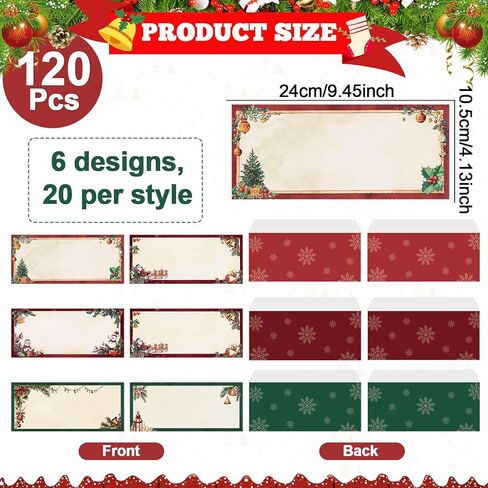 120Pcs Christmas Envelopes 10 Size Holiday Xmas Self Adhesive Envelopes Winter Snowflake Envelope for Greeting Cards Invitations Letter Mailing Business Birthday Party Gift Supplies 4.13 x 9.53 Inch in Saudi Arabia