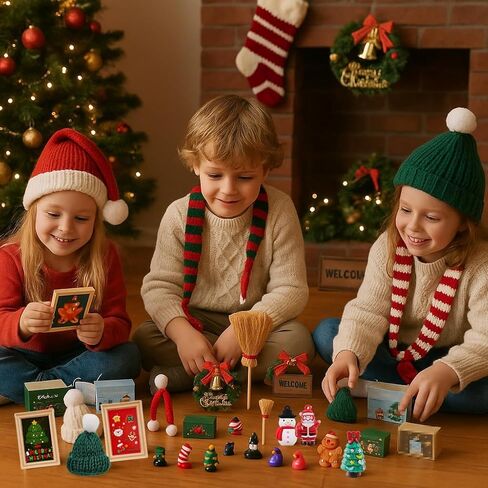 HKLMRO 22 قطعة بيت الدمية زينة عيد الميلاد وهمية سلسلة قبعة إكليل شجرة صغيرة هدية صناديق دمية 1:12 نموذج مصغر لبيت الألعاب التظاهر DIY الجنية التماثيل حديقة حلي معلقة حفلة in Kuwait