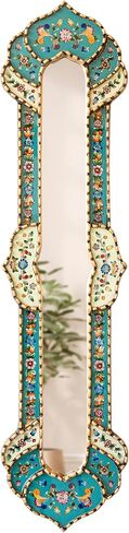 Narrow Accent mirror for wall art decor 35.8" tall, Decorative Long Mirror, Peruvian painting on glass skinny Mirror, Silver Leaf Wood Framed Mirrors for living room (Turquoise) in Kuwait