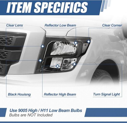 مجموعة المصابيح الأمامية من Auto Dynasty متوافقة مع 2016-2024 Nissan Titan (XD)، استبدال المصابيح الأمامية الهالوجين الجانبية للسائق والراكب، NI2503250 NI2502250، زاوية شفافة للمبيت الأسود in Saudi Arabia