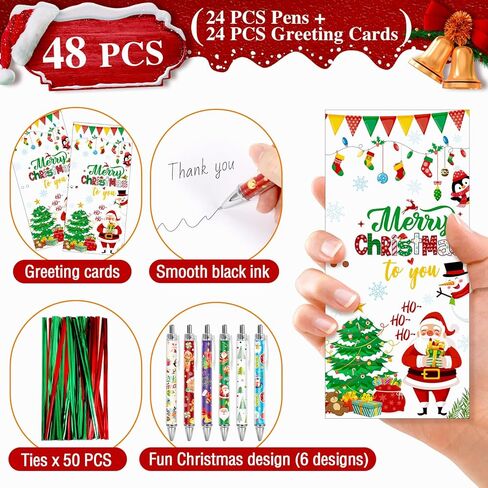 Konsait 48 PCS Christmas Pens with Greeting Cards, Holiday Ballpoint Pen Xmas Party Favors Class Christmas Gifts for Students Teachers Coworkers Friends Family School Office Supplies 24 Sets in Saudi Arabia