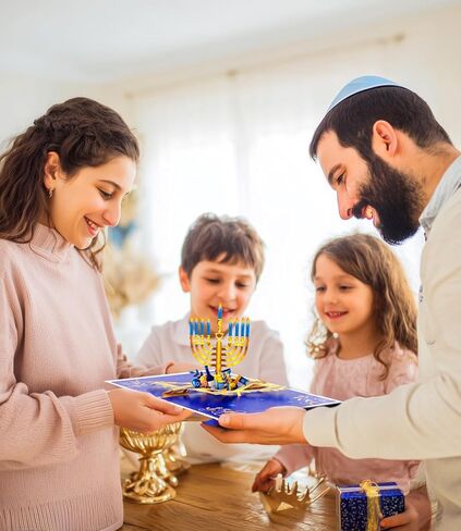 بطاقة تهنئة منبثقة ثلاثية الأبعاد لعيد هانوكا - مهرجان الأضواء مع الشموع والدريدل ورموز هانوكا التقليدية - بطاقة عطلة يهودية للعائلة والأصدقاء والأحباء، تتضمن مظروفًا وملاحظة فارغة in Kuwait