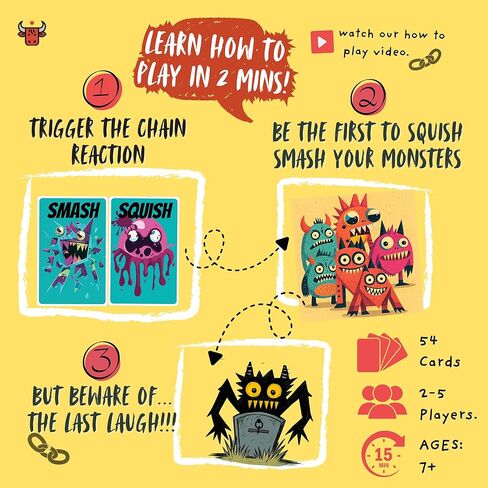 HIBULL Squish Smash Monster Trash - سباق لسحق الوحوش في لعبة بطاقات التفاعل المتسلسل الفوضوية | لعبة عائلية ممتعة للأطفال والكبار | مناسب للسفر | للأعمار من 7 سنوات فما فوق، 2-5 لاعبين، 15 دقيقة من وقت اللعب in Saudi Arabia