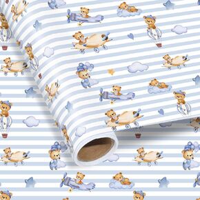 Pineraap Bear Baby Shower Wrapping Paper Roll, 17 Inch x 16.4 Feet - Blue Teddy Bear, Hot Air Balloon, Airplane Design - Watercolor Gift Wrap for Boys Birthday, Gender Reveal in Kuwait