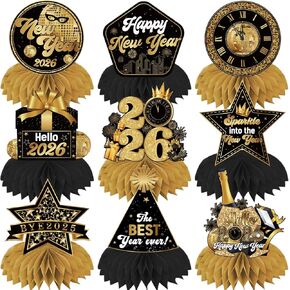 ديكورات سنة جديدة سعيدة 2026 قطع مركزية على شكل قرص العسل 9 قطع مزدوجة الجوانب باللونين الأسود والذهبي ديكورات طاولة للسنوات الجديدة ثلاثية الأبعاد Hello 2026 NYE لتزيين الطاولة لمستلزمات حفلات رأس السنة الجديدة in Kuwait