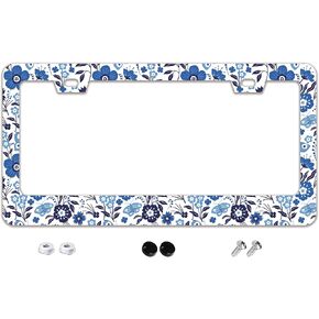 Vintage Blue Flowers License Plate Frame Floral Stainless Steel Metal Car Accessories Decor with Screws License Plate Frame 2 Holes 6.3" x 12.2" for Women Men Gift in Saudi Arabia