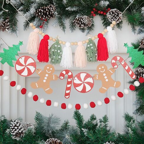 Christmas Tassel Garland Banner with Pom Pom Garlands Christmas Candy Tree Cane Banner for Wall Hanging Home Decor in Kuwait