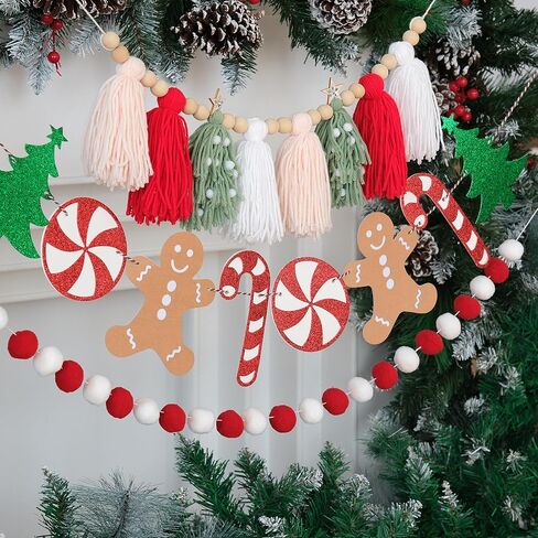 Christmas Tassel Garland Banner with Pom Pom Garlands Christmas Candy Tree Cane Banner for Wall Hanging Home Decor in Kuwait