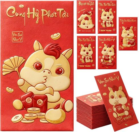 36 PCS Vietnamese New Year Red Envelopes 2026 Lunar New Year Hong Bao with Horse Patterns Blessing Words Good Luck Spring Festival Party in Saudi Arabia