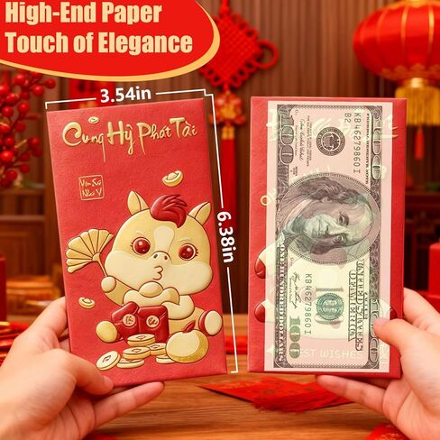 36 PCS Vietnamese New Year Red Envelopes 2026 Lunar New Year Hong Bao with Horse Patterns Blessing Words Good Luck Spring Festival Party in Saudi Arabia