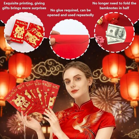 36 PCS Vietnamese New Year Red Envelopes 2026 Lunar New Year Hong Bao with Horse Patterns Blessing Words Good Luck Spring Festival Party in Saudi Arabia