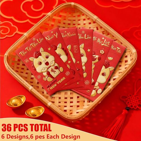 36 PCS Vietnamese New Year Red Envelopes 2026 Lunar New Year Hong Bao with Horse Patterns Blessing Words Good Luck Spring Festival Party in Saudi Arabia