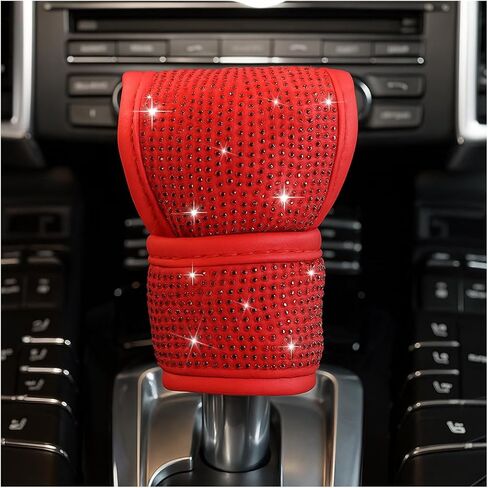 غطاء مقبض ناقل الحركة من Bling Car Gear، واقي عصا ناقل الحركة من الجلد بأحجار الراين الكريستالية، إكسسوارات تزيين الماس اللامعة للسيارات للنساء والفتيات، مقاس عالمي (أحمر) in Kuwait