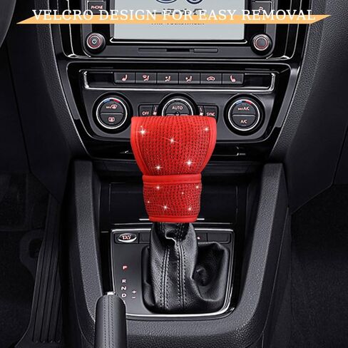 غطاء مقبض ناقل الحركة من Bling Car Gear، واقي عصا ناقل الحركة من الجلد بأحجار الراين الكريستالية، إكسسوارات تزيين الماس اللامعة للسيارات للنساء والفتيات، مقاس عالمي (أحمر) in Kuwait